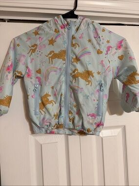 Girls' Unicorn Hooded Windbreaker Jacket - Light Blue with Gold Glitter Unicorns